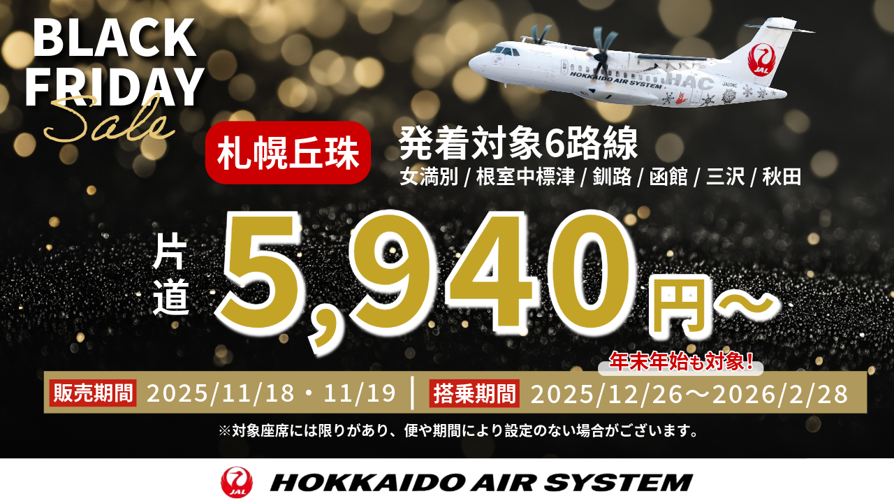 保護中: 11/18・19の2日間限定、最安値5,940円！冬から丘珠=函館線を週42往復に増便中！<br>年末年始もおトクに道内対象4路線一律8,800円！